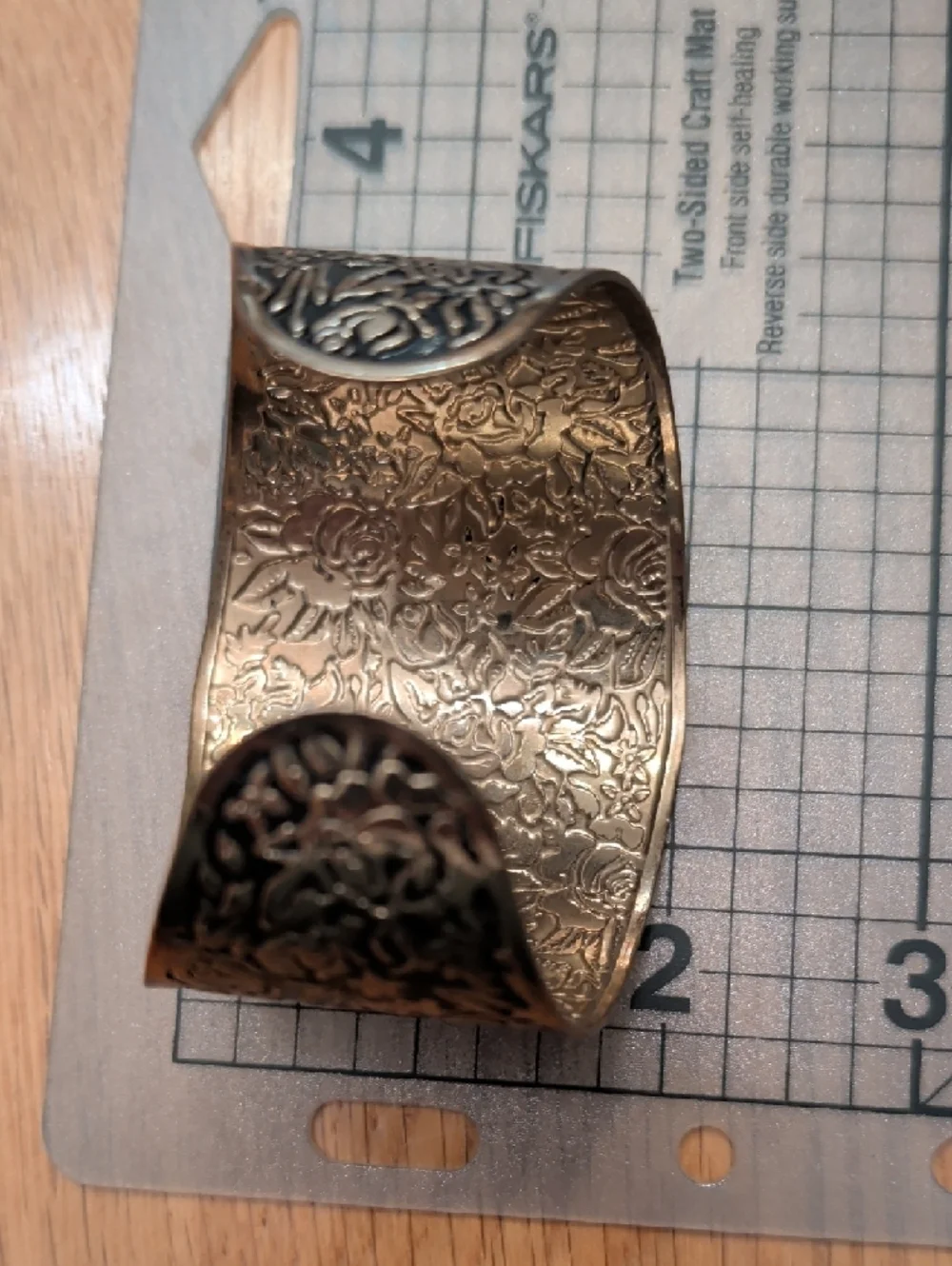 Handcrafted Floral Embossed Wide Cuff Bracelet - Bronze Tone - Picture 5 of 11